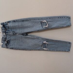 Topshop Mom Light Blue Denim Jeans Distressed High Waist Straight Leg - Size 28